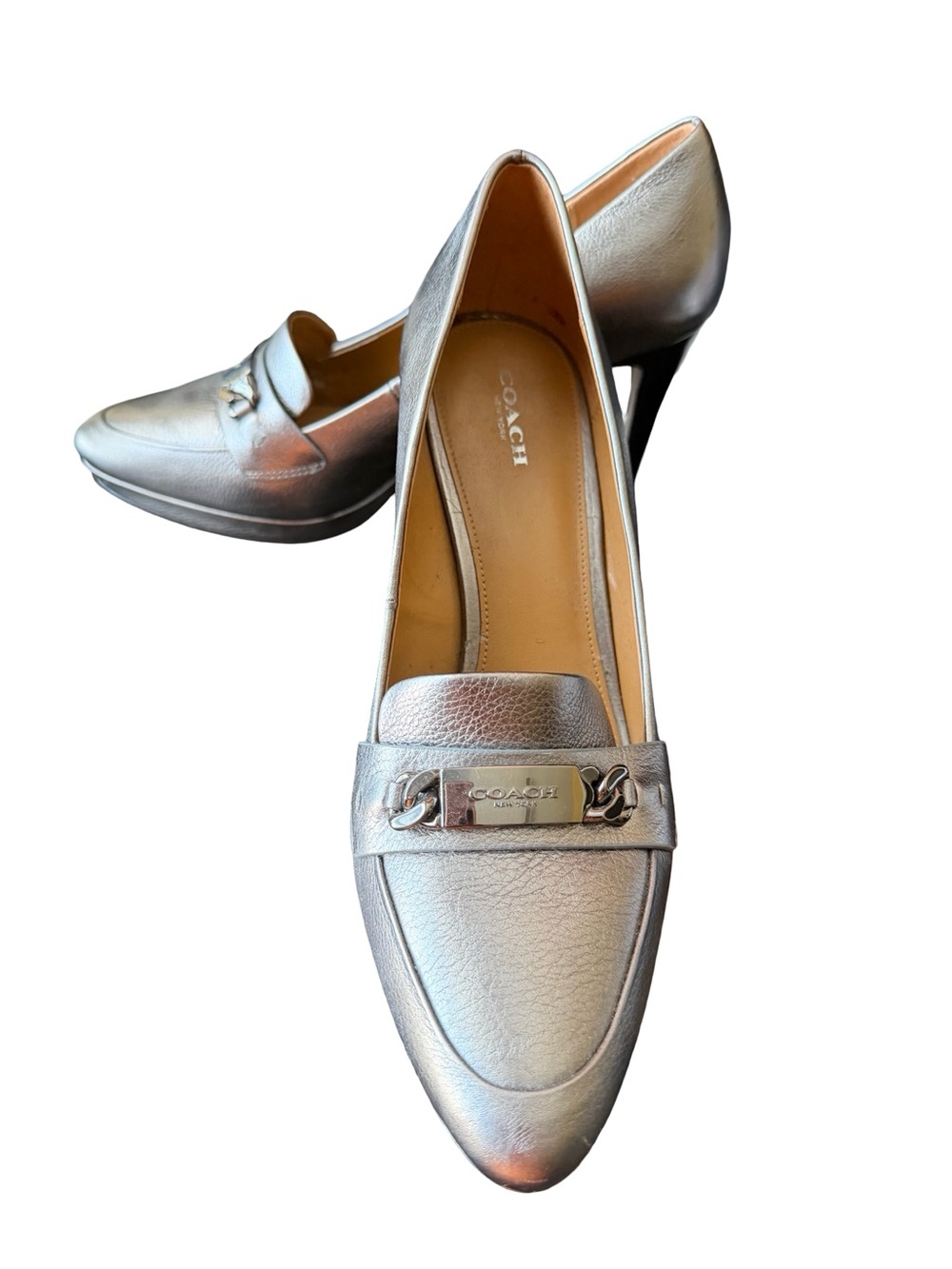 COACH Silver Metallic Leather Heeled Loafers